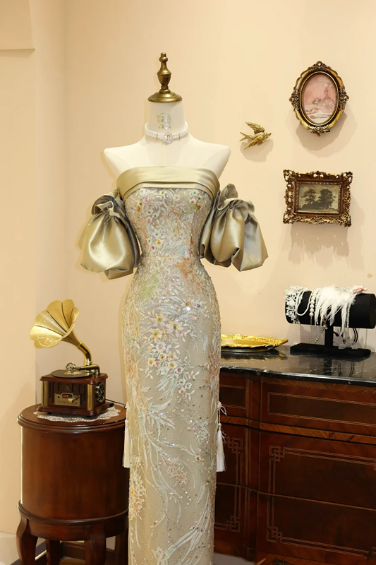 Light green off-the-shoulder fitted ball gown, bridal dress R7188