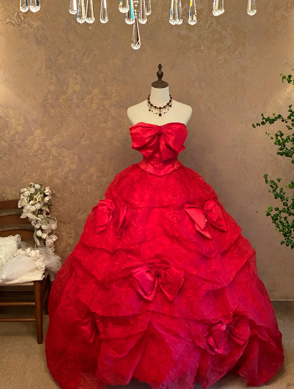 Red Strapless Waist-Cinched Puffball Skirt Floor-Length Ball Gown, Bridal Gown R7361