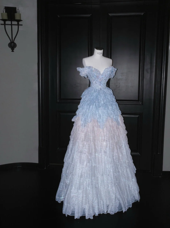 Blue and pink stitching one-shoulder waisted A-line sequined maxi dress, prom dress R5645