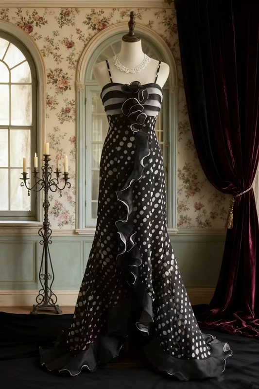Black polka dot padded waist fitted long ball gown R6716