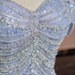 Light blue halter-neck off-the-shoulder fitted long ball gown, bridal dress R8363