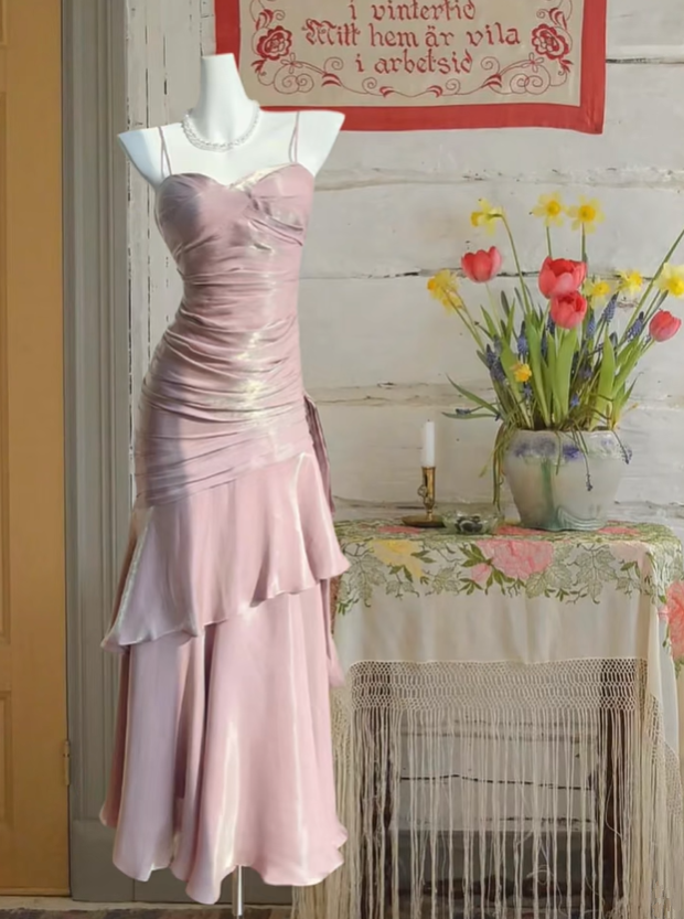 Light pink suspender satin slim waist pleated ruffled skirt long dress, ball gown R6237