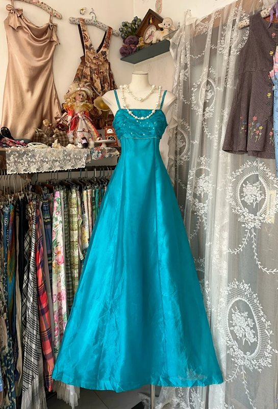 Peacock blue halter-neck, fitted A-line long dress, prom dress R6316