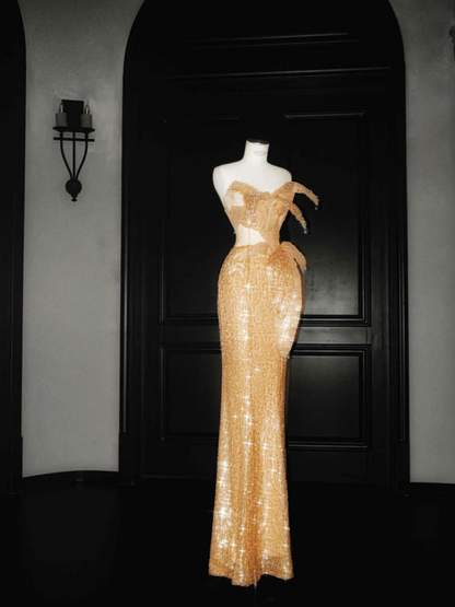 Orange sequined tube top with slim waist and hip-hugging sexy skirt, prom dress R5681