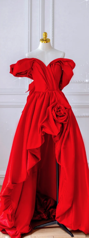 Red Off-the-Shoulder Fitted-Waist Slim-Fit Long Prom Dress / Bridal Gown R5915