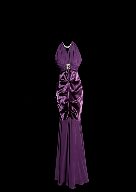 Purple halter neck elegant bodycon long ball gown R6676