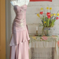 Light pink suspender satin slim waist pleated ruffled skirt long dress, ball gown R6237