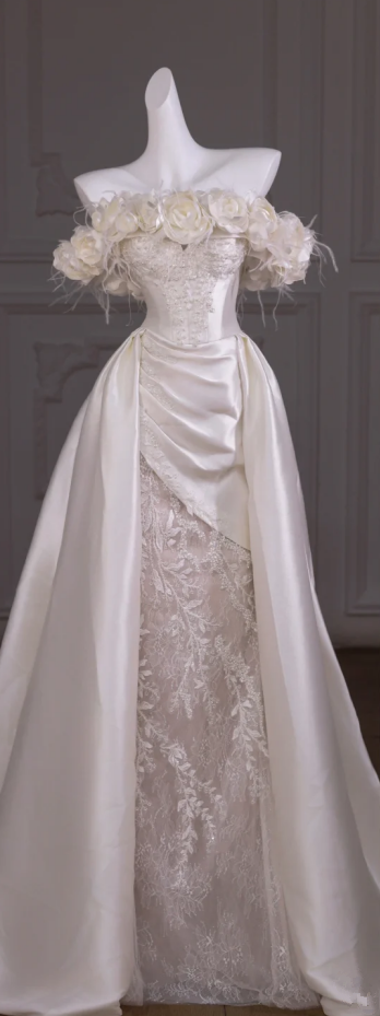 White one-shoulder flower waist slim sexy satin long dress bridal gown R5763