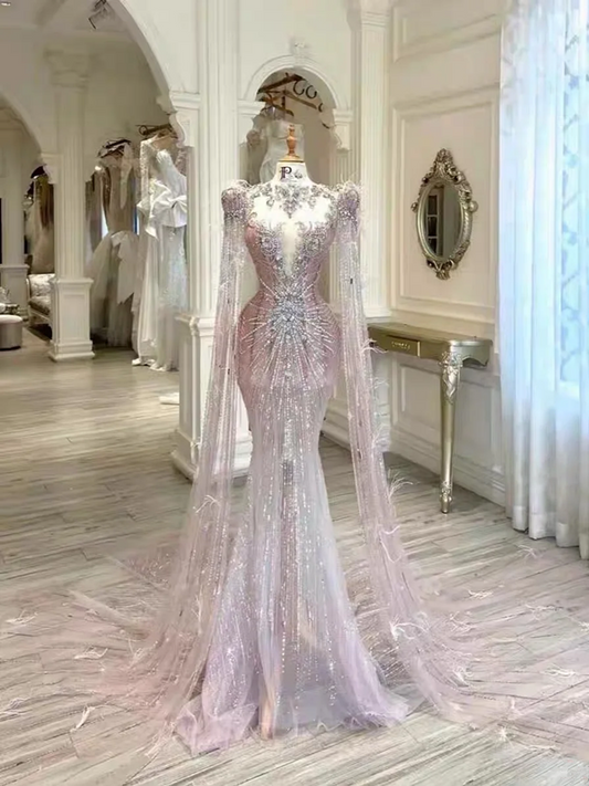 Light pink rhinestone fitted long ball gown R6476