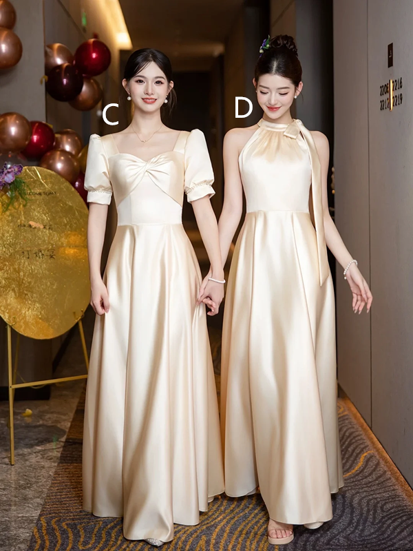 Champagne satin slim waist elegant ball gown, bridesmaid dress R5995