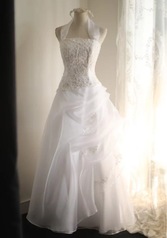 White halter-neck, fitted waist, beaded long ball gown/bridal dress R6834