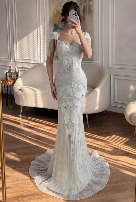 Mermaid Beaded Bodycon Prom Gown , High End White Women's Maxi Evening Dress Ball Gown RS2397