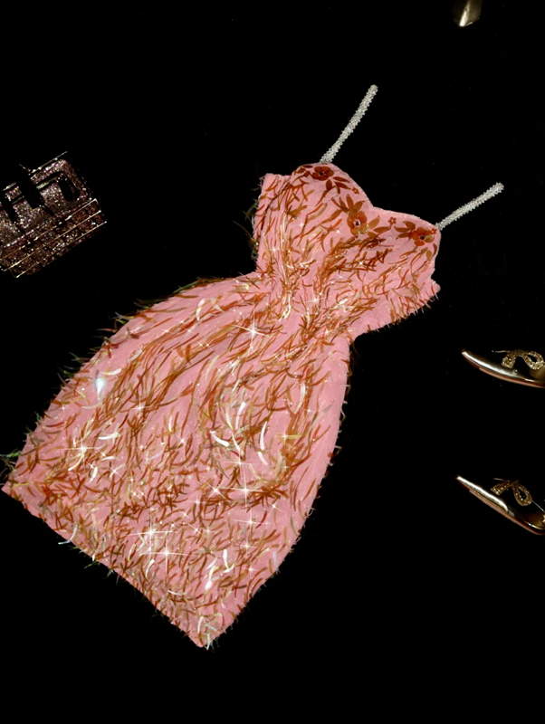 Pink halter-neck fitted sequined short ball gown R6874