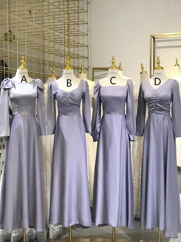 Gray-purple satin waist-cinched slim-fit ball gown, bridesmaid dress R5957
