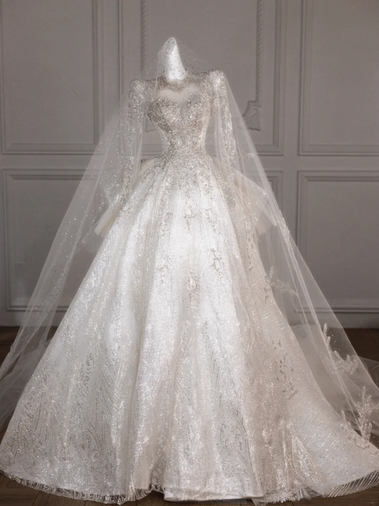 White diamond long sleeve slim waist exquisite elegant puffy skirt long dress bridal dress R5838