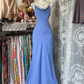 Blue halter-neck, fitted fishtail long ball gown R7515