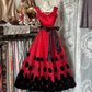 Red halter-neck fitted black long ball gown R7862
