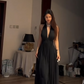 Black Halter Neck V-Neck Waist-Cinched Fitted Floor-Length Elegant Prom Dress R7115
