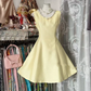 Light yellow sleeveless fitted waist short prom dress R7474