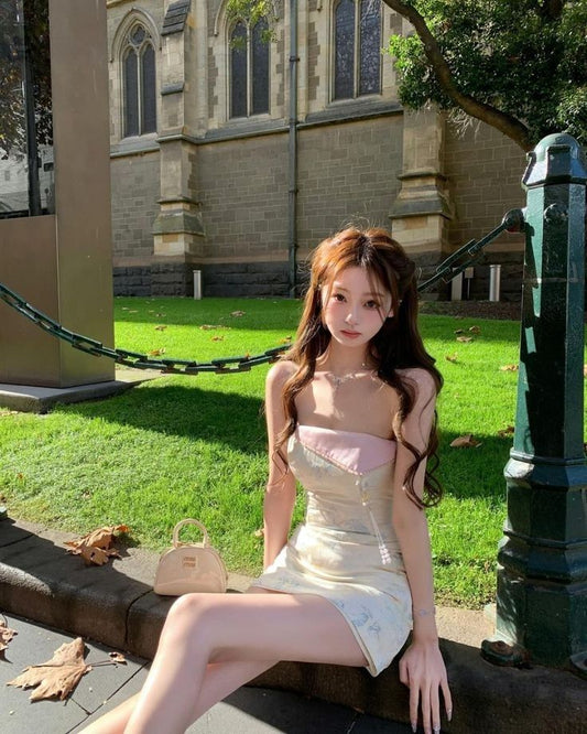 Apricot short skirt pink tube top design waist slimming sexy short skirt homecoming dress R4061