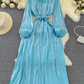 High-class lady temperament long-sleeved bow tie waist slimming A-line shiny sequin dress R0388