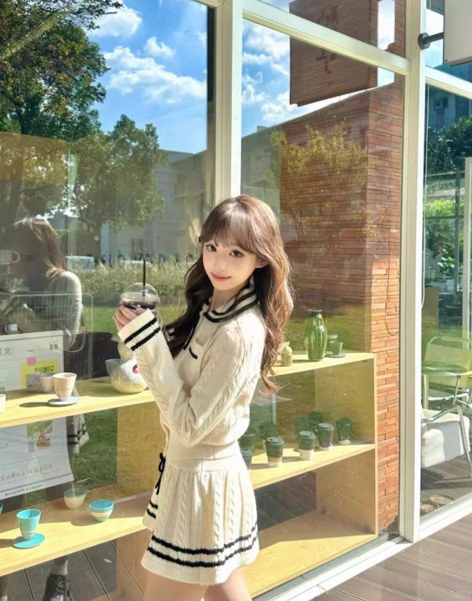 College style doll collar long-sleeved knitted cardigan 2025 contrast color A-line skirt suit R1292