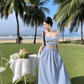 Blue and white plaid backless camisole new high waist swing skirt suit two piece set R0199