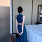 Retro sister style high-end long slim lapel denim skirt hot girl sexy waist sleeveless vest dress R0414
