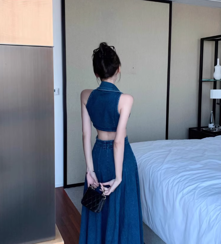 Retro sister style high-end long slim lapel denim skirt hot girl sexy waist sleeveless vest dress R0414