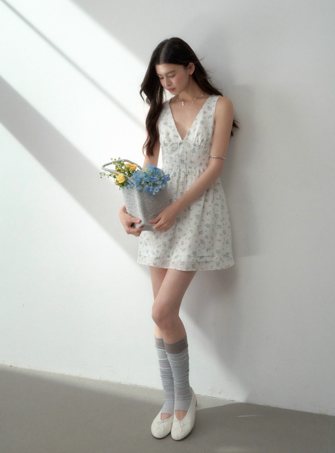 Tencel bow tie V-neck vest dress summer sweet playful midi dress R3332