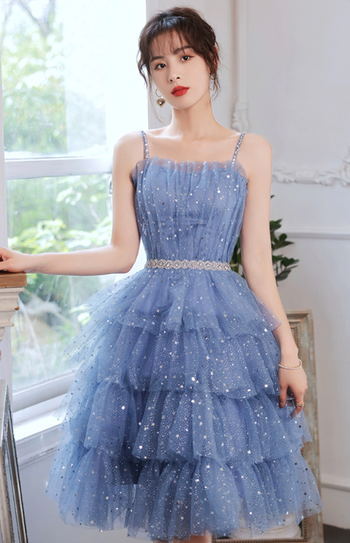 Sparkly Blue Homecoming Dress ,Tulle Ruffled Sequins Corset Short Prom Dress RS1673