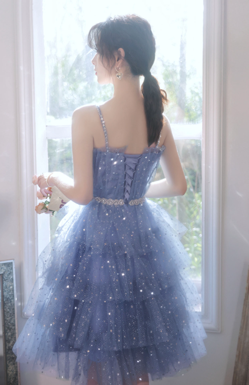 Sparkly Blue Homecoming Dress ,Tulle Ruffled Sequins Corset Short Prom Dress RS1673