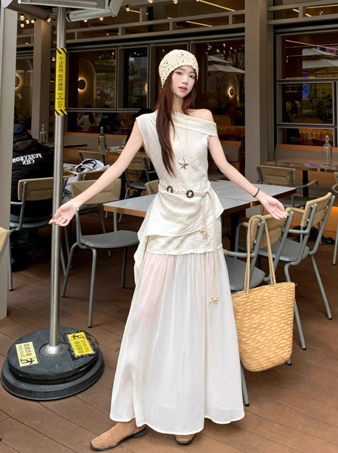Fairy temperament high-end irregular off-shoulder sleeveless top skirt suit two-piece suit R1756