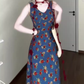 Retro V-neck floral suspender dress high-end waist temperament long skirt R0772