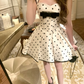White polka dot suspenders waist slimming A-line pleated skirt short skirt homecoming dress R4156