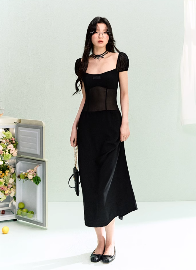 French elegant waist square neck splicing dress summer simple midi dress R3330