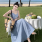 Travel wear women's beach dress backless blue and white plaid skirt a-line suit R1567