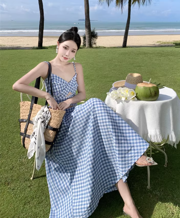Travel wear women's beach dress backless blue and white plaid skirt a-line suit R1567