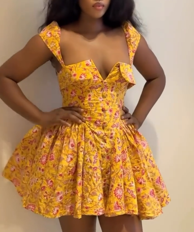 Yellow retro floral suspenders low-cut sexy waist puffy skirt homecoming dress R3757