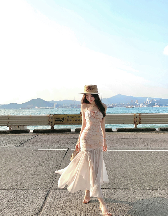 Design sense waist floral sling fishtail dress big swing gauze skirt long summer R3908