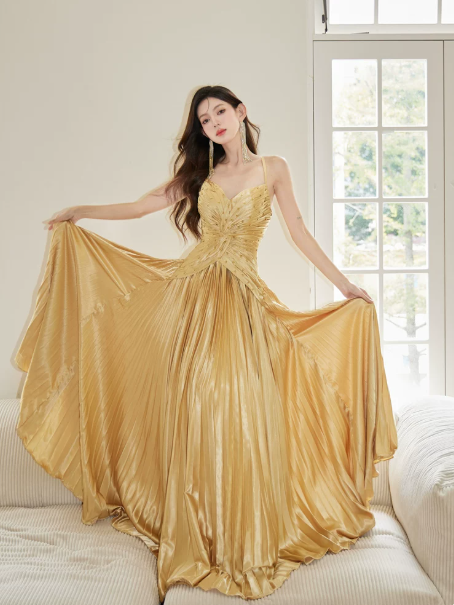 Elegant Bright Yellow A-Line Halter Maxi Evening Dress Prom Dress RS462