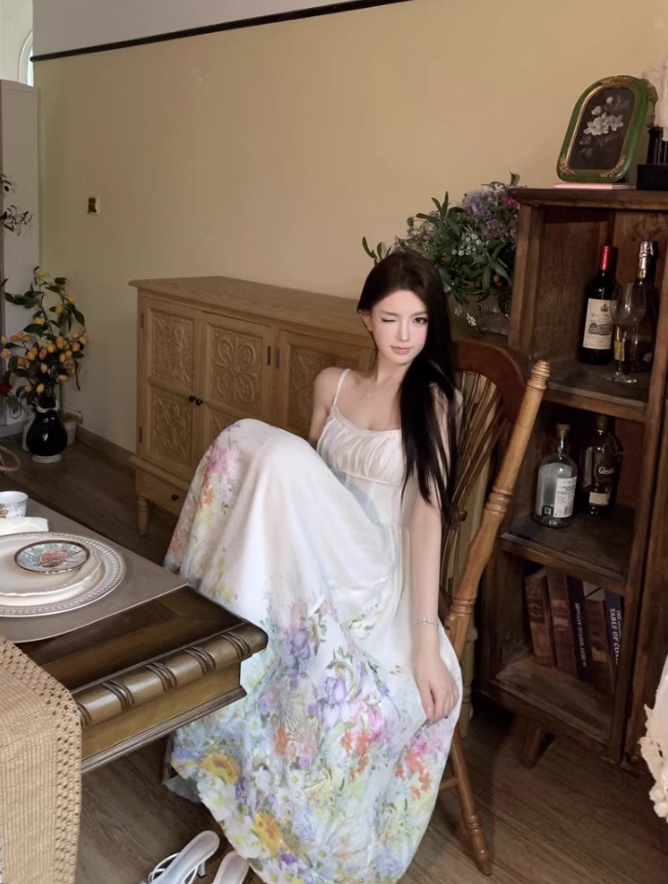 Platycodon temperament floral suspender skirt super beautiful waist dress R0701