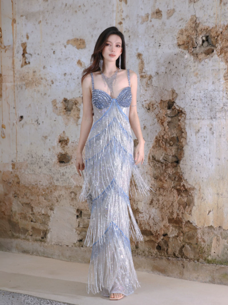 Elegant Pale Blue Tassel Sheath Spaghetti Straps Maxi Evening Dress Prom Dress RS463