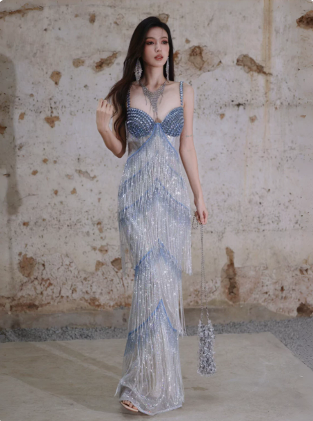 Elegant Pale Blue Tassel Sheath Spaghetti Straps Maxi Evening Dress Prom Dress RS463
