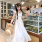 White square collar small flying sleeve waist dress women's summer French temperament A-line skirt R4746