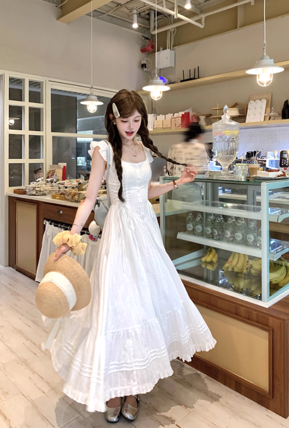 White square collar small flying sleeve waist dress women's summer French temperament A-line skirt R4746