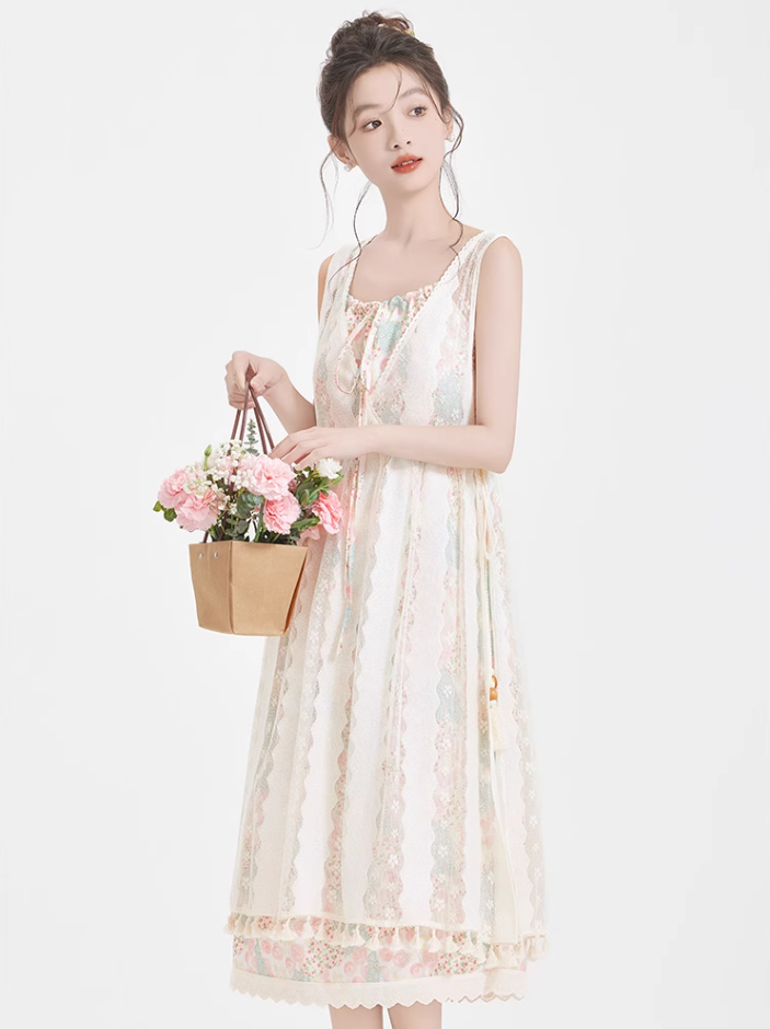 Forest style pastoral style floral dress new style suspender skirt blouse suit two-piece set R2394