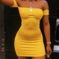 Yellow one-shoulder waist sexy hip skirt homecoming dress R3165