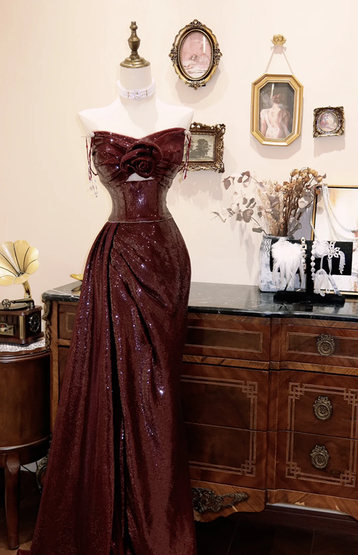 Deep red strapless sequined fitted ball gown, bridal dress R7189