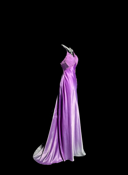 Light purple halter-neck, fitted waist, embroidered floral pattern, bodycon long ball gown R6677